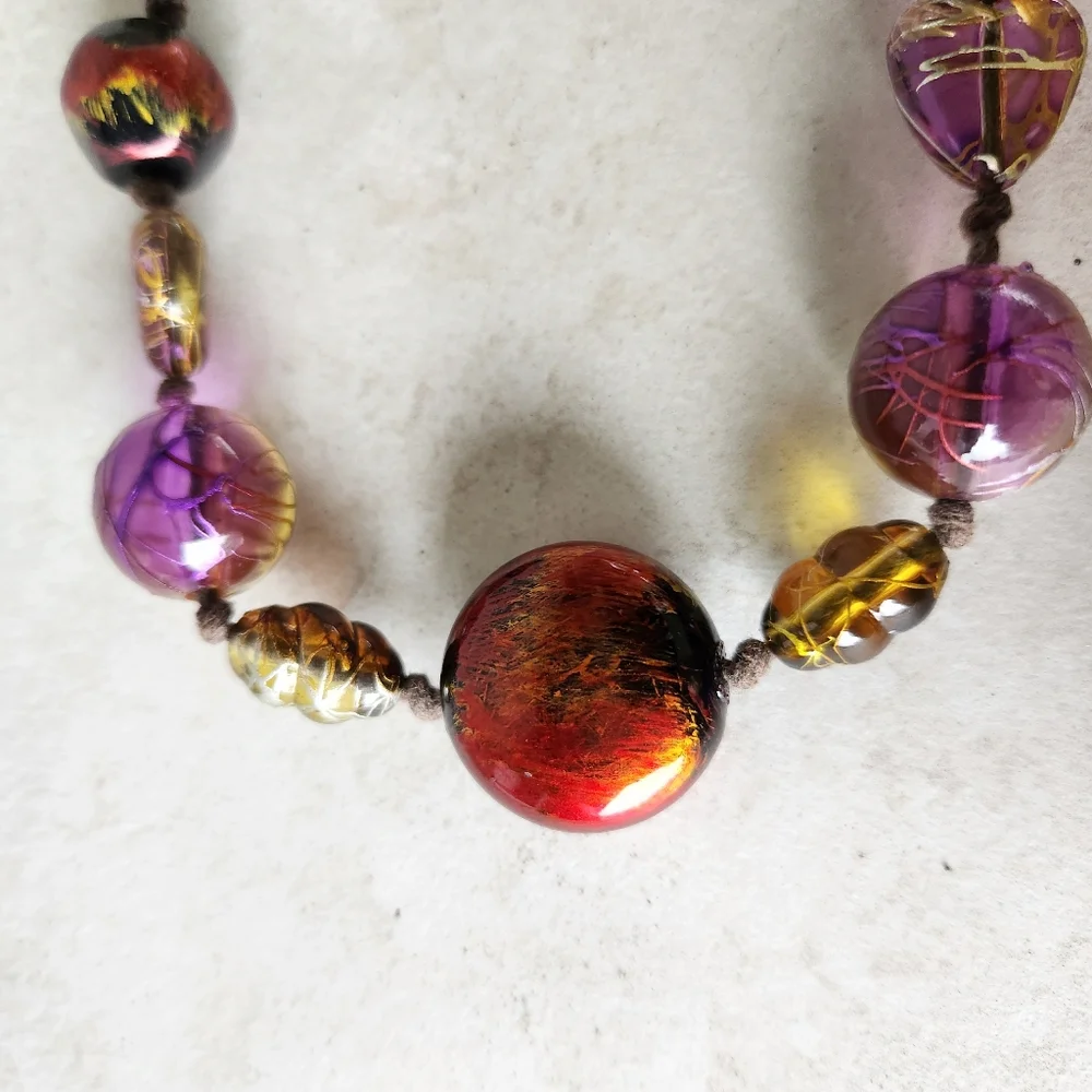 Handcrafted Artisan Art Glass Beaded Necklace Leather Cord Red Gold Purple Heart